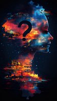 Female profile silhouette with question mark against cosmic puzzle background in blue and orange colors, representing mystery of consciousness and self-discovery.