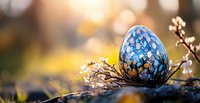 Decorative blue speckled Easter egg nestled in natural twigs and spring blossoms against blurred golden bokeh background, creating magical seasonal atmosphere.