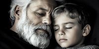 Tender moment between generations as elderly man with white beard and young boy rest peacefully together in dramatic lighting, expressing family bonds and care.