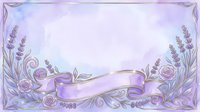 Young woman with fair complexion and long blonde hair, wearing lavender dress, positioned in ornate floral frame with roses and lavender flowers, decorative ribbon banner, soft purple and blue watercolor background, isolated on white for design use.