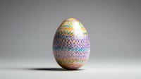 Decorative Easter egg with holographic zigzag pattern on gray background. Metallic rainbow chevron design creates modern holiday aesthetic. Minimal composition.