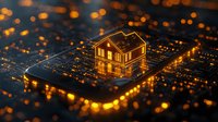 Glowing miniature house on smartphone screen with orange bokeh lights and digital circuit patterns, representing smart home technology and digital real estate concept.