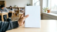 Person of indeterminate ethnicity holding an open spiral-bound notebook with blank white pages in a bright classroom or office setting with colleagues and plants visible in the background.