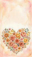 Watercolor floral heart arrangement with roses, ranunculus and wildflowers on soft pink background for wedding invitations and romantic designs.