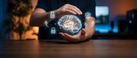 Businessman protecting digital brain with security icons representing artificial intelligence, cybersecurity and data protection in modern office.