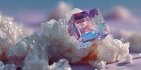 Colorful fluorite crystal cube with purple and blue hues resting on white mineral matrix against soft pastel background.