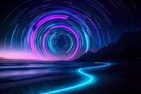 Mesmerizing star trails form vibrant neon spiral in night sky above winding glowing path, reflecting on dark water surface with mountain silhouette backdrop.
