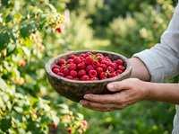 Farmer holding bowl of fresh red raspberries in garden, harvest time, organic fruit picking and agricultural production for food industry.