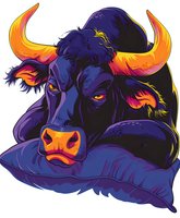 Fierce bull head in vibrant purple and orange gradient colors with glowing eyes and sharp horns, isolated on white background for logo design and merchandise.