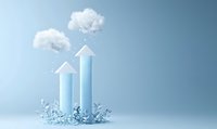 Upward pointing blue crystal arrows breaking through ice with floating clouds above against light blue background, symbolizing growth and breakthrough in business.