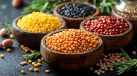 Colorful lentils and legumes in wooden bowls - red, yellow, orange and black varieties. Fresh ingredients for healthy cooking and protein-rich vegetarian meals.