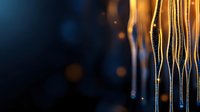 Glowing golden liquid strands flow downward against dark background with bokeh effect, creating luminous abstract pattern for luxury design backgrounds.