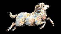 Leaping ram with ornate floral and cloud patterns in soft pastel tones, isolated on transparent background, ready for stickers, t-shirt design, and print on demand.