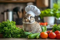 Adorable brown bunny in chef hat surrounded by fresh vegetables and herbs in kitchen setting. Playful pet rabbit among tomatoes, cucumbers and lettuce creates cooking scene.