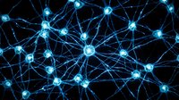 Neural network connections with glowing blue nodes and synapses on dark background for artificial intelligence and brain science concepts.