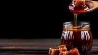 Golden honey dripping from wooden spoon into glass jar with caramel candies on dark background for culinary and food photography projects.