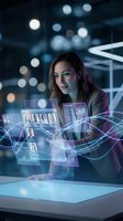Young businesswoman interacting with futuristic holographic interface displaying data analytics and team profiles in modern office environment.
