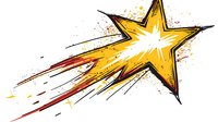 Bright yellow shooting star with dynamic motion trails and black outline, splatter effect adds energy and movement. Artistic comic style illustration on white background.