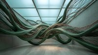 Flowing organic metal sculpture with undulating curves in modern gallery space with skylight, contemporary art installation.