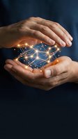 Hands of a male professional with medium skin tone cradling glowing digital network, symbolizing innovation, technology transfer, and data protection for business solutions.