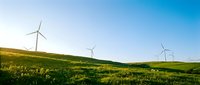 Wind turbines on rolling green hills under clear blue sky, renewable energy landscape for sustainable power generation projects.