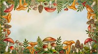 Decorative botanical frame featuring mushrooms, berries, and foliage in vintage watercolor style with ornamental border design for autumn-themed projects.