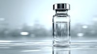 Clear glass medical vial with metal cap on reflective surface against soft focus background, representing pharmaceutical or cosmetic industry.