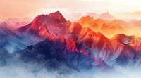 Majestic mountain landscape at sunset with vibrant red and orange peaks rising above misty valleys, perfect for nature-themed designs, wall art, or inspirational backgrounds.