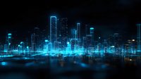 Futuristic city skyline with glowing blue holographic buildings reflecting on water surface at night, digital wireframe architecture in cyberpunk style.