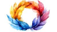 Vibrant rainbow feathers arranged in circular wreath formation on white background, colorful plumage design element for creative projects and decorative use.