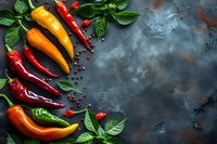 Fresh colorful chili peppers with basil leaves and peppercorns arranged on dark rustic background with copy space. Food photography composition.