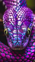 Macro shot of snake head with vibrant purple and blue iridescent scales, yellow eyes, and detailed texture creating mysterious and dramatic effect for nature photography.