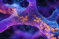 Microscopic view of neural network with purple synaptic connections and orange neurotransmitters, illustrating brain activity and neurological processes.