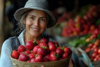 Smiling Hispanic woman farmer holding fresh picked strawberries in woven basket at local market, wearing gray hat and apron, natural lighting and bokeh background.