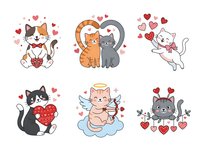 Cute cats and kittens with hearts, love symbols, and romantic elements. Isolated cartoon characters perfect for Valentine's Day designs, greeting cards, t-shirts, and festive merchandise.