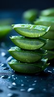 Fresh aloe vera leaves stacked with water drops on dark background, macro shot showing natural gel texture for skincare and cosmetic product advertising.