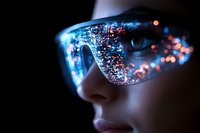 Futuristic VR headset with digital data streams and glowing effects on dark background for technology and virtual reality concepts.
