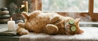 Relaxed orange tabby cat lying on back with cucumber slices on eyes during spa treatment session. Wellness and self-care concept for pets and relaxation.