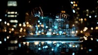 Futuristic cityscape hologram projection with glowing blue buildings and bokeh lights reflecting on glossy surface, creating mirror effect in dark environment.