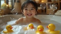 Happy Asian toddler enjoying bubble bath time with yellow rubber ducks, surrounded by soap bubbles and warm lighting creating cozy bathroom atmosphere.