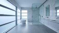Modern minimalist bathroom with marble walls, glass shower, freestanding bathtub and large windows overlooking water view for luxury interior design.