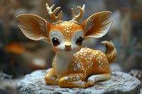 Whimsical fantasy deer figurine with large ears and antlers, spotted orange coat, sitting on stone. Decorative collectible for home decor.
