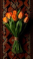 Fresh orange tulip bouquet tied with twine string on dark patterned background, dramatic lighting creates moody floral still life composition.