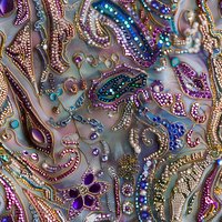Ornate paisley pattern with shimmering beads and crystals in purple, blue, and gold tones creates luxurious textile design. Intricate embroidered details on pearlescent background.