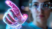 Glowing pink DNA helix structure with particle effect floating in dark laboratory while scientist in glasses observes genetic research experiment.