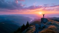 Silhouette of person with raised arms on mountain cliff overlooking valley at sunset with dramatic purple and orange sky.