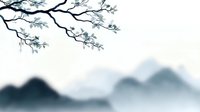 Minimalist Asian landscape with misty mountains and delicate tree branch silhouette against pale sky, creating serene oriental atmosphere for wall art and meditation spaces.