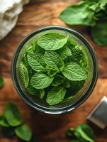 Fresh mint leaves in glass bowl on wooden table for culinary herbs cooking ingredients natural organic kitchen preparation healthy lifestyle.