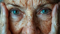 Close-up of senior woman with striking blue eyes, freckled skin, and wrinkles, holding her face with her hands, conveying wisdom and life experience.