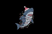 Playful cartoon shark wearing Santa hat and Christmas lights wrapped around body on black background, isolated design element for holiday merchandise.